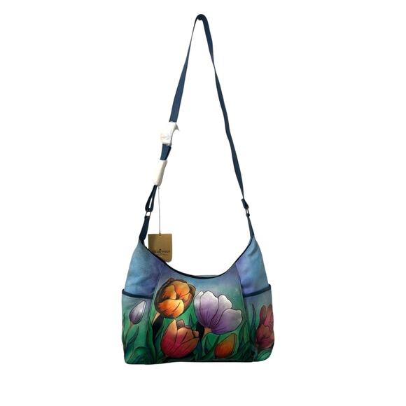 NWT! Anuschka Hand Painted Tulips Leather Hobo Handbag with Card Wallet - Picture 8 of 16